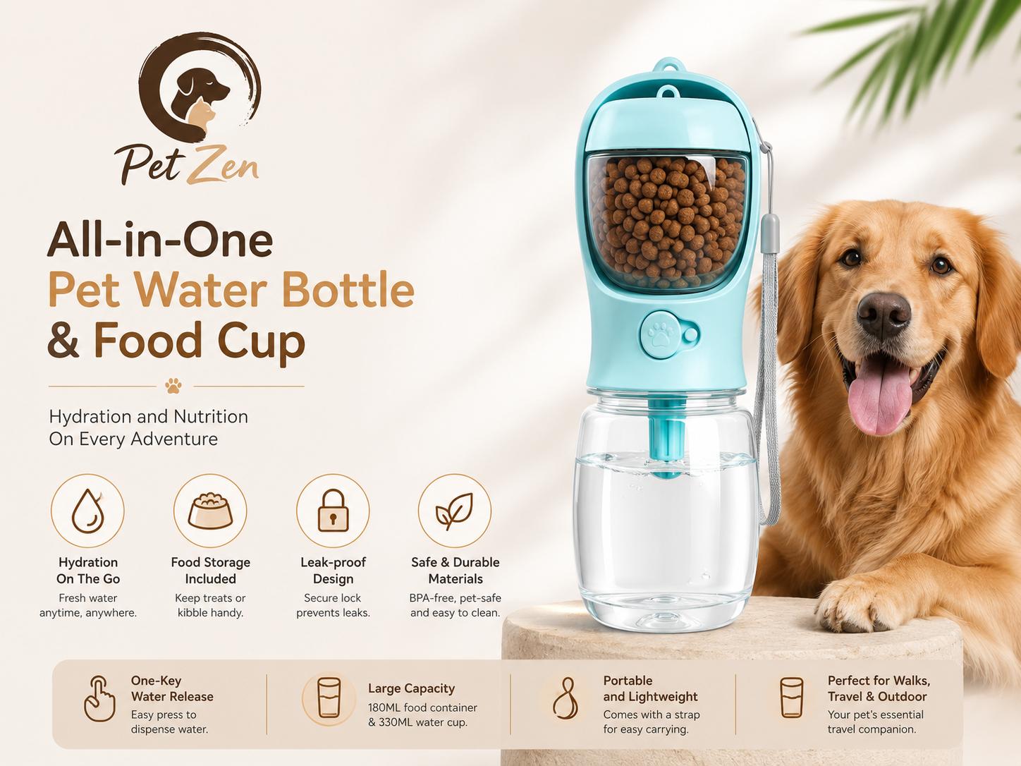2-in-1 Portable Pet Water Bottle – Food & Water Travel Bottle for