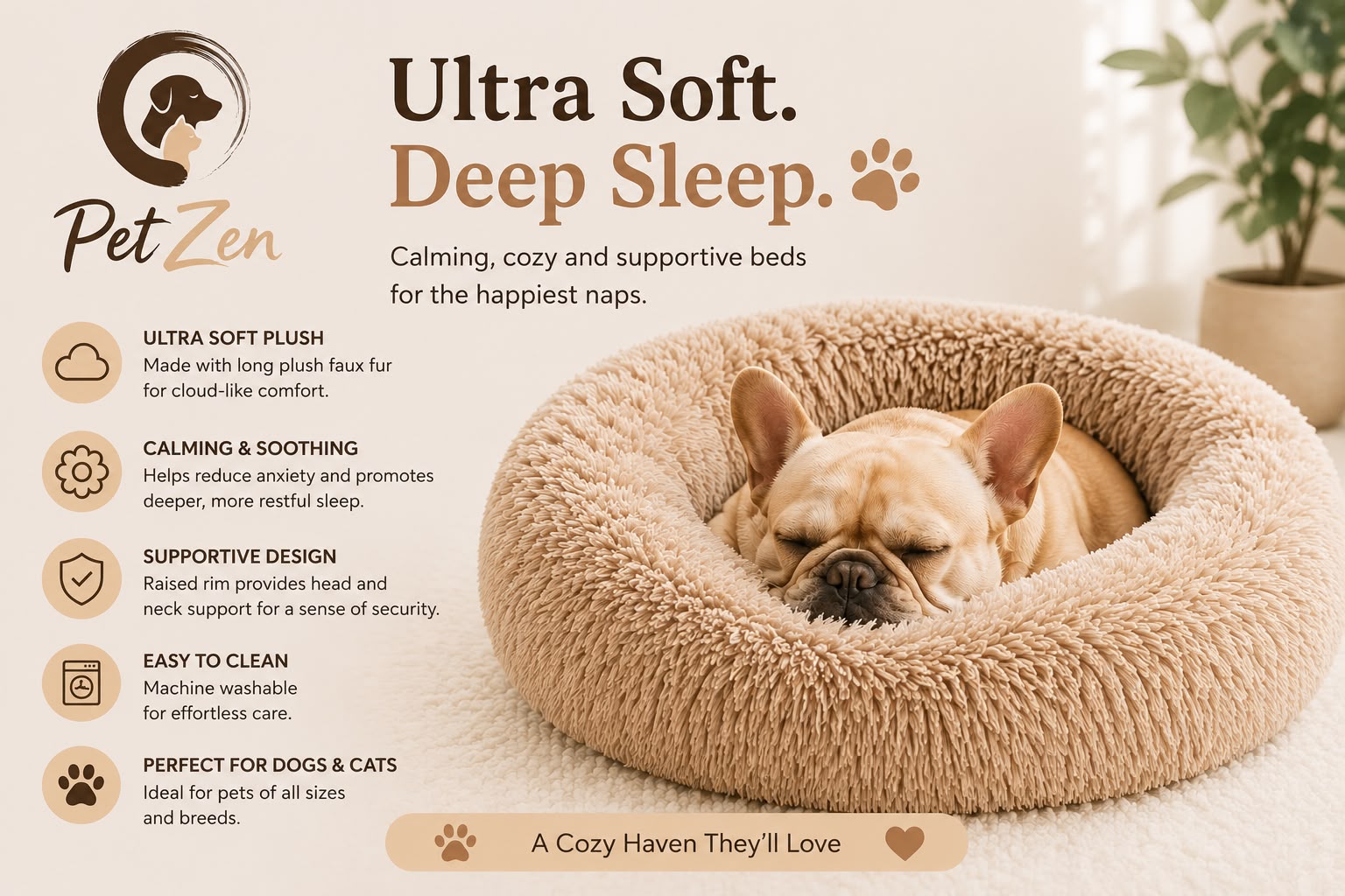 Soft Plush Pet Bed – Round Sleeping Cushion for Cats & Small Dogs