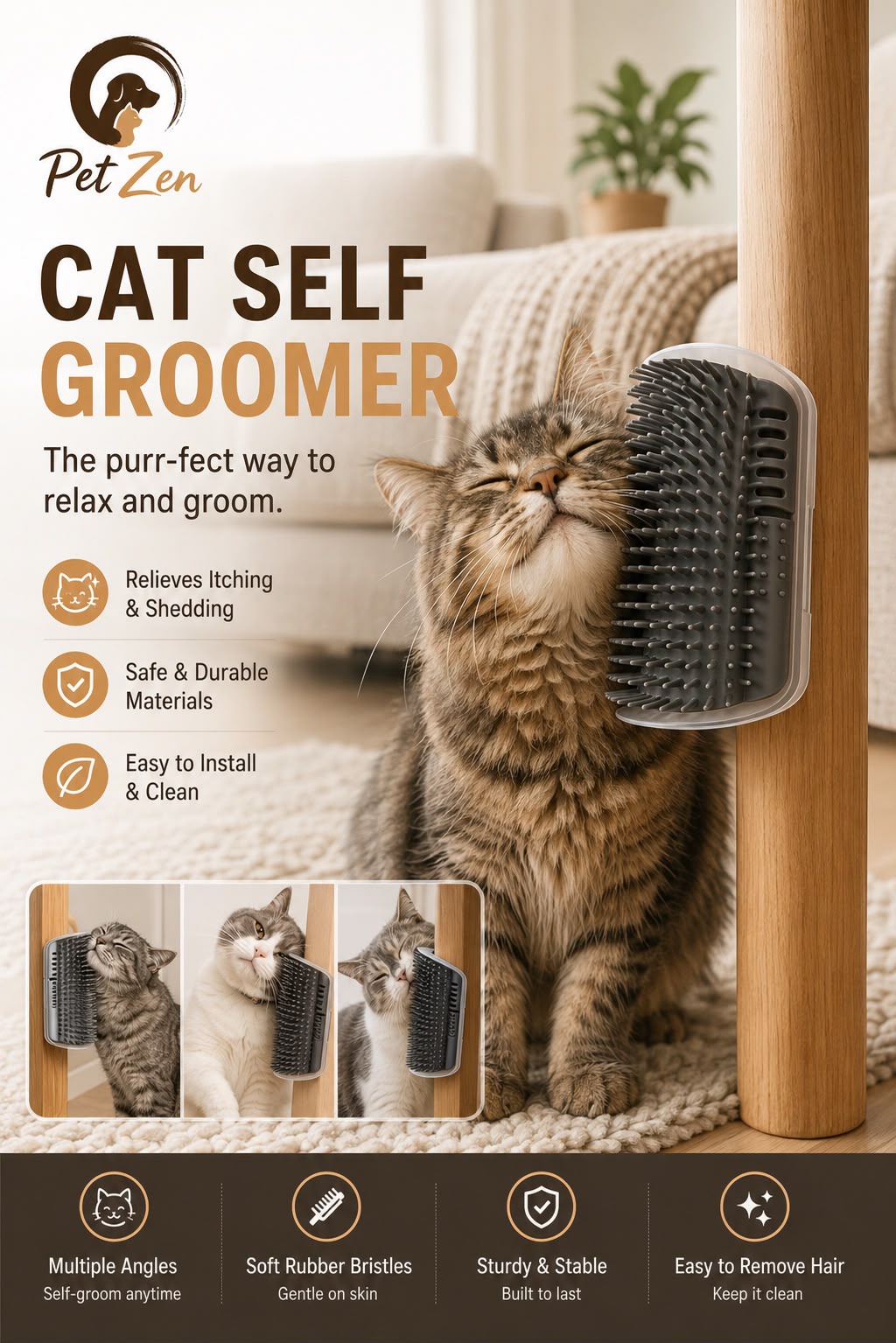 Wall Mounted Cat Self Groomer Brush – Corner Massage & Shedding Comb for Indoor Cats