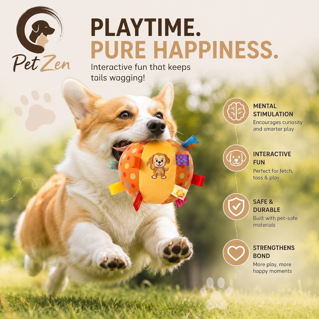 Plush Dog Squeaky Ball Toy – Interactive Soft Chew Toy with Bell Sound for Puppies, Small Dogs & Cats, Dental Cleaning & Indoor Play