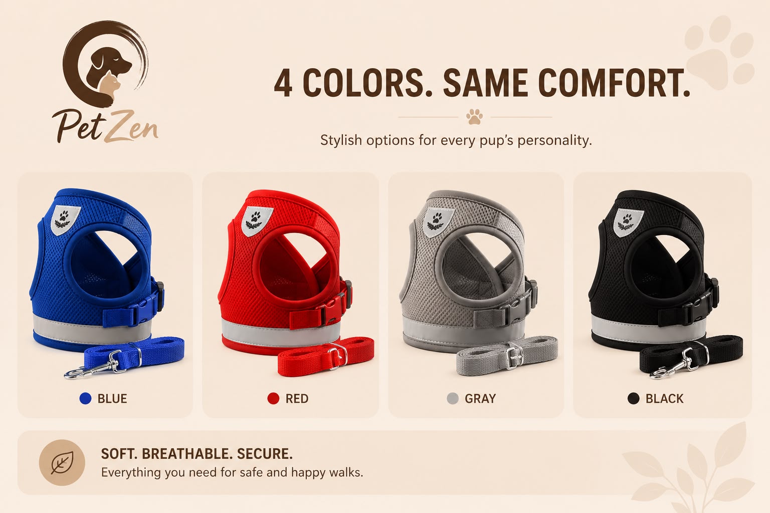 Breathable Reflective Cat & Dog Harness Set – Adjustable Vest with Leash