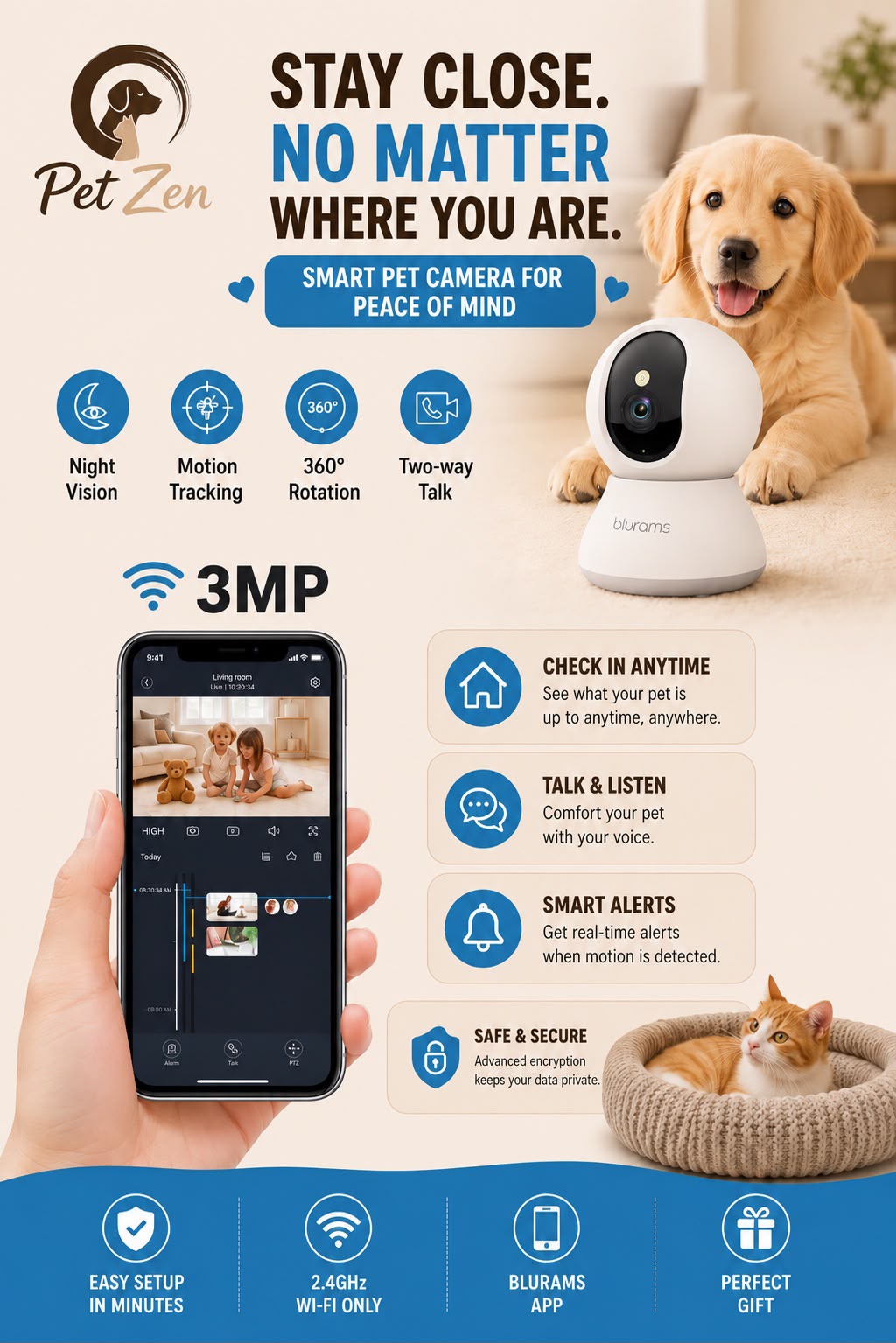 Smart Pet Camera for Dogs & Cats – 3MP WiFi Indoor Camera with 360° Auto Tracking, Night Vision & Two-Way Audio