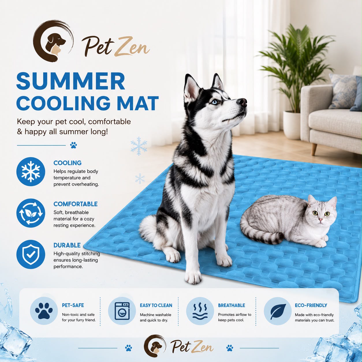 Pet Cooling Mat for Dogs & Cats – Washable Breathable Summer Cooling Pad for Indoor & Outdoor Use