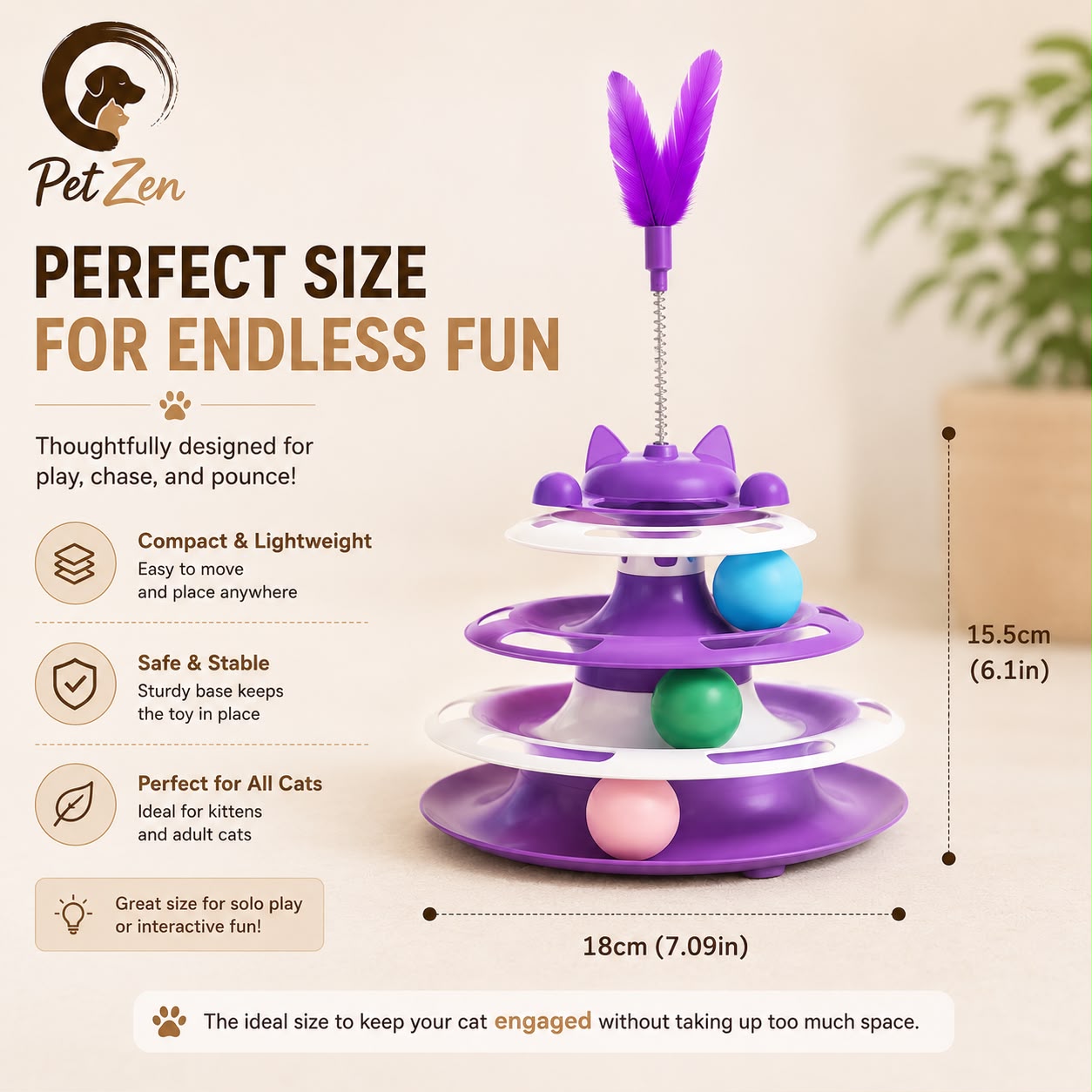 Interactive 3-Tier Cat Toy with Balls & Feather – Cat Tower Track Toy for Indoor Cats, Kitten Exercise & Mental Stimulation