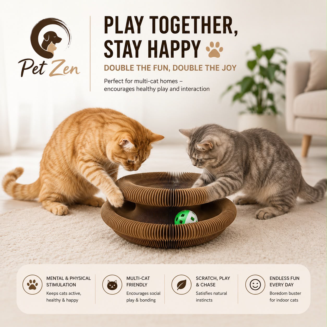 Interactive Foldable Cat Scratcher Toy with Ball – Corrugated Cardboard Scratch Pad for Indoor Cats