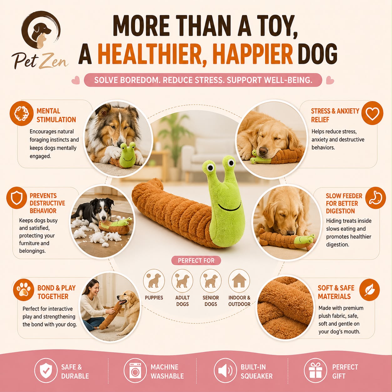 Interactive Snail Treat Toy for Dogs and Cats – Plush Slow Feeder Squeaky Toy