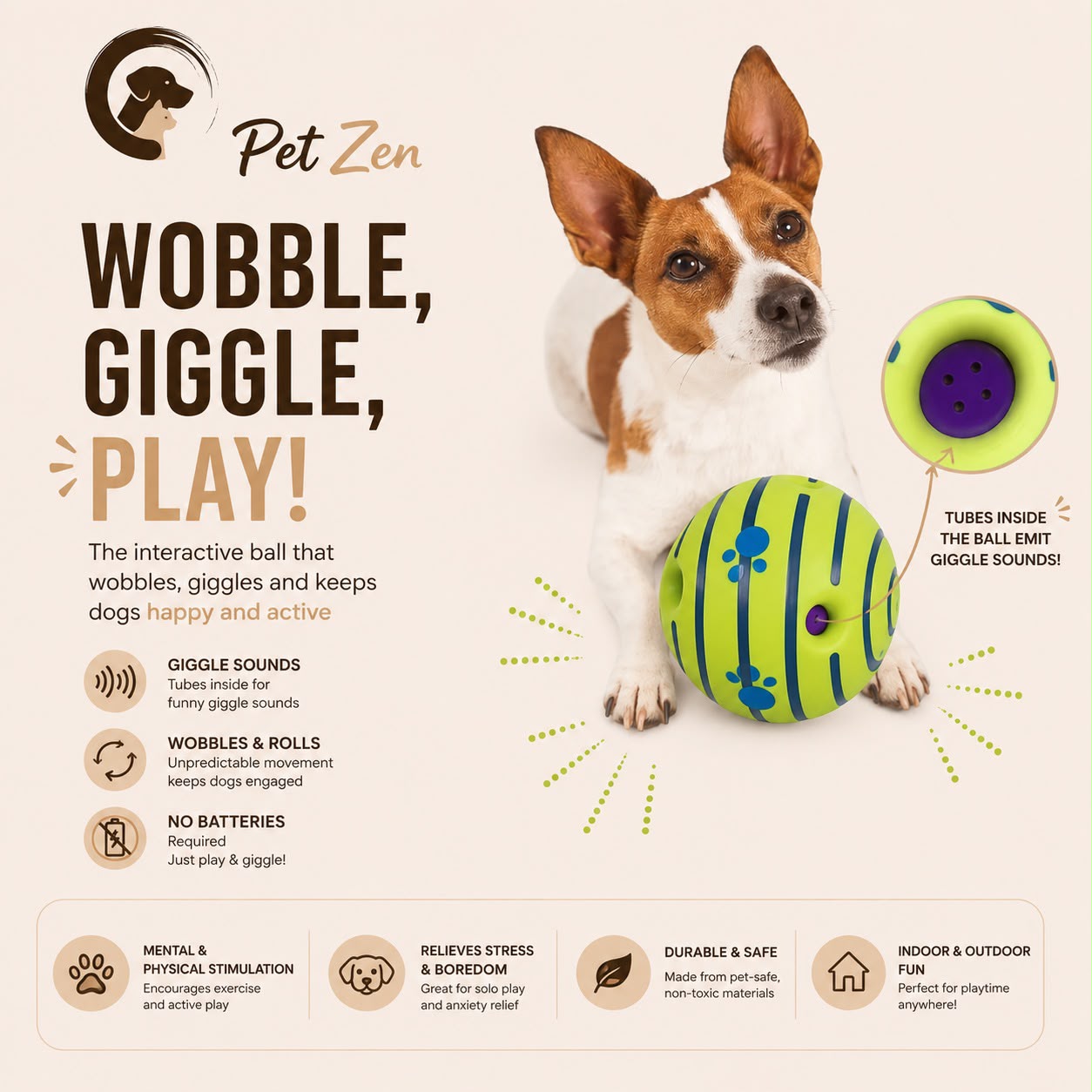 Interactive Giggle Ball for Dogs – No Battery Wobble Ball, Funny Sound Toy for Mental Stimulation, Training & Active Play