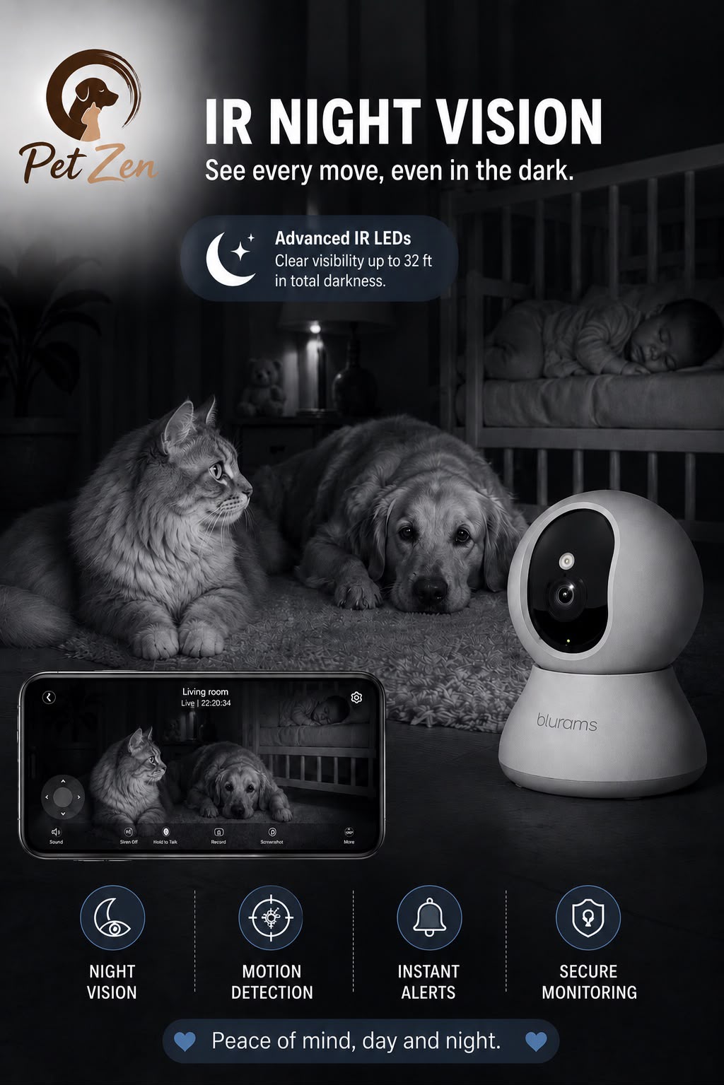 Smart Pet Camera for Dogs & Cats – 3MP WiFi Indoor Camera with 360° Auto Tracking, Night Vision & Two-Way Audio