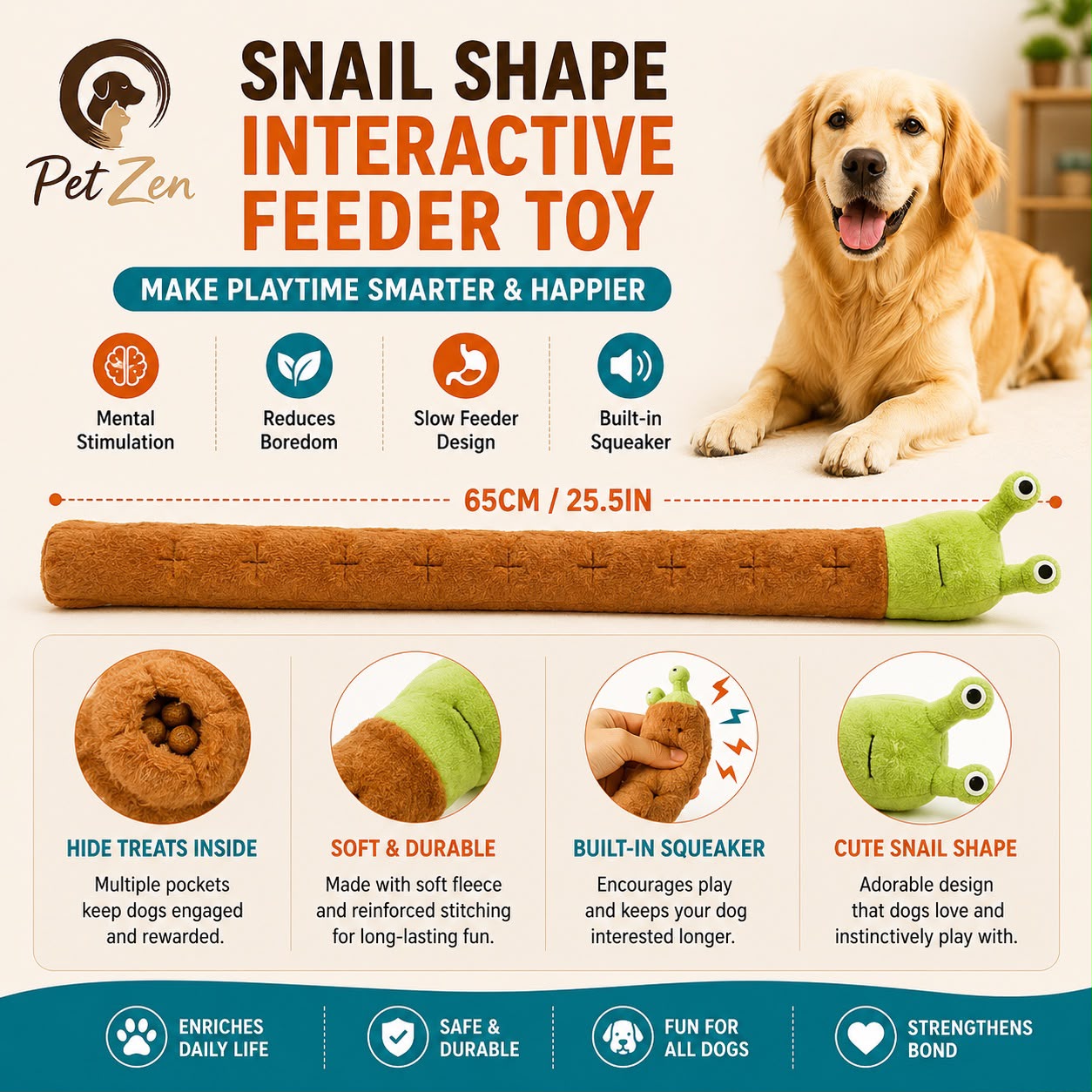 Interactive Snail Treat Toy for Dogs and Cats – Plush Slow Feeder Squeaky Toy