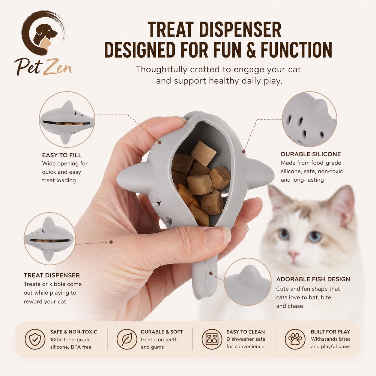 Interactive Silicone Fish Cat Toy – Treat Dispenser for Cats, Food Dispensing Chew & Play Toy