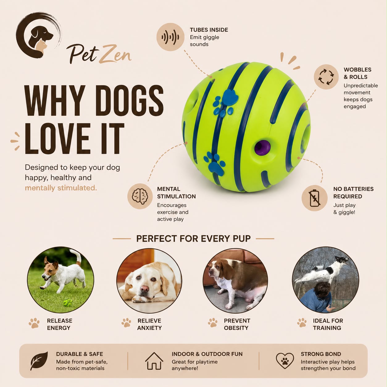 Interactive Giggle Ball for Dogs – No Battery Wobble Ball, Funny Sound Toy for Mental Stimulation, Training & Active Play