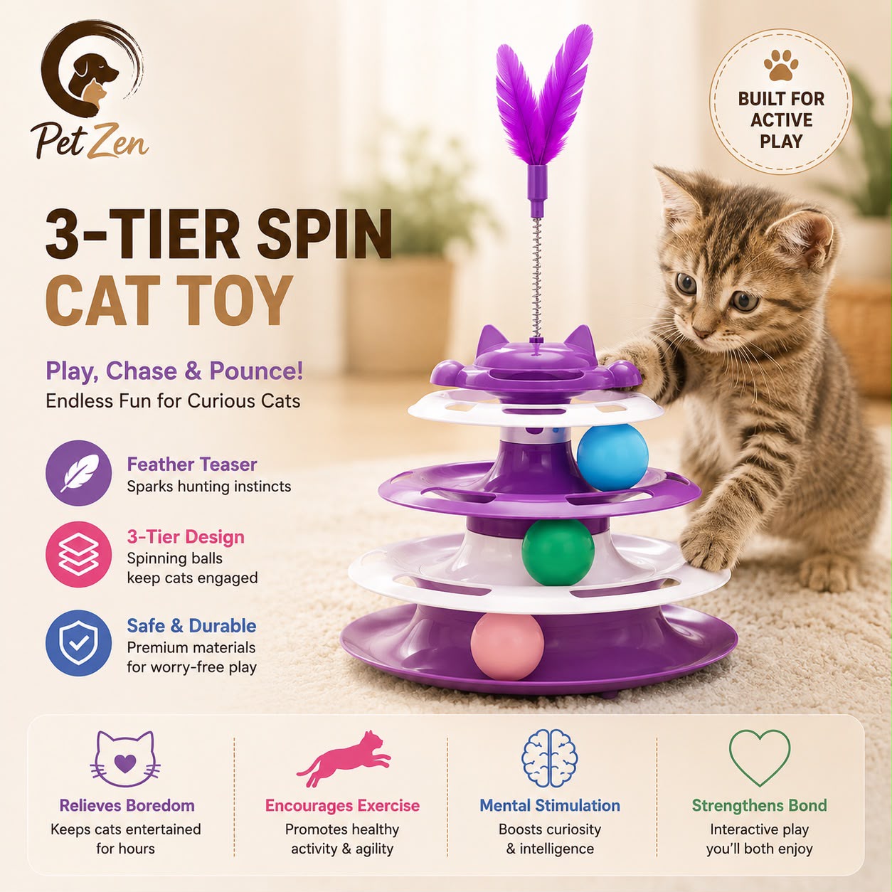 Interactive 3-Tier Cat Toy with Balls & Feather – Cat Tower Track Toy for Indoor Cats, Kitten Exercise & Mental Stimulation