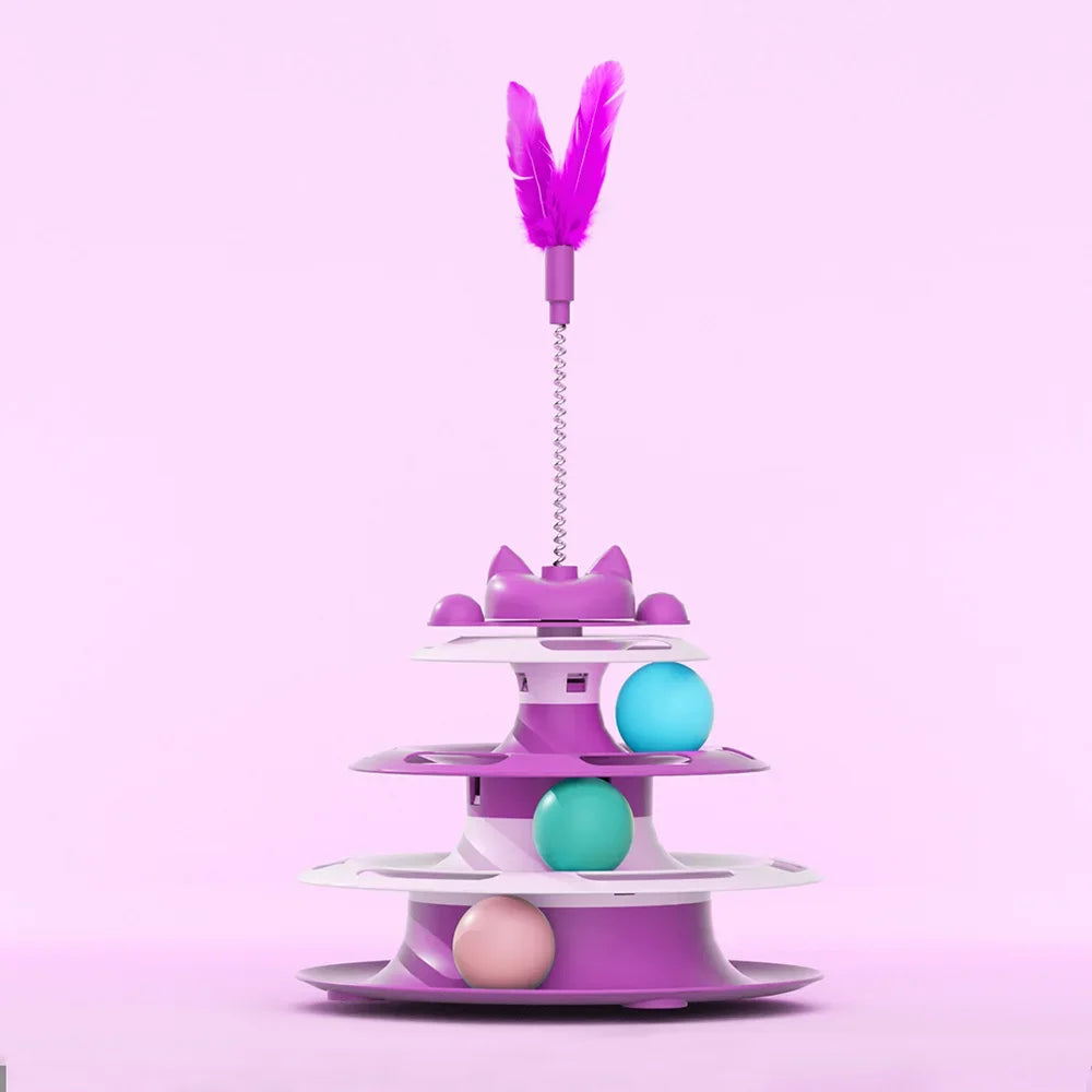 Interactive 3-Tier Cat Toy with Balls & Feather – Cat Tower Track Toy for Indoor Cats, Kitten Exercise & Mental Stimulation