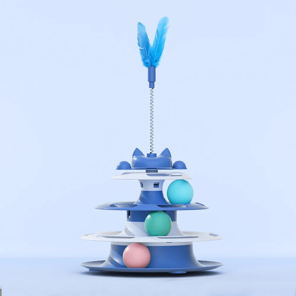Interactive 3-Tier Cat Toy with Balls & Feather – Cat Tower Track Toy for Indoor Cats, Kitten Exercise & Mental Stimulation