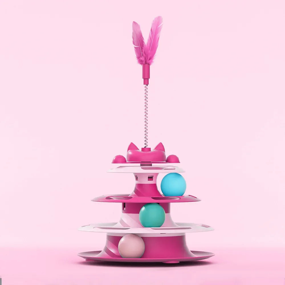 Interactive 3-Tier Cat Toy with Balls & Feather – Cat Tower Track Toy for Indoor Cats, Kitten Exercise & Mental Stimulation