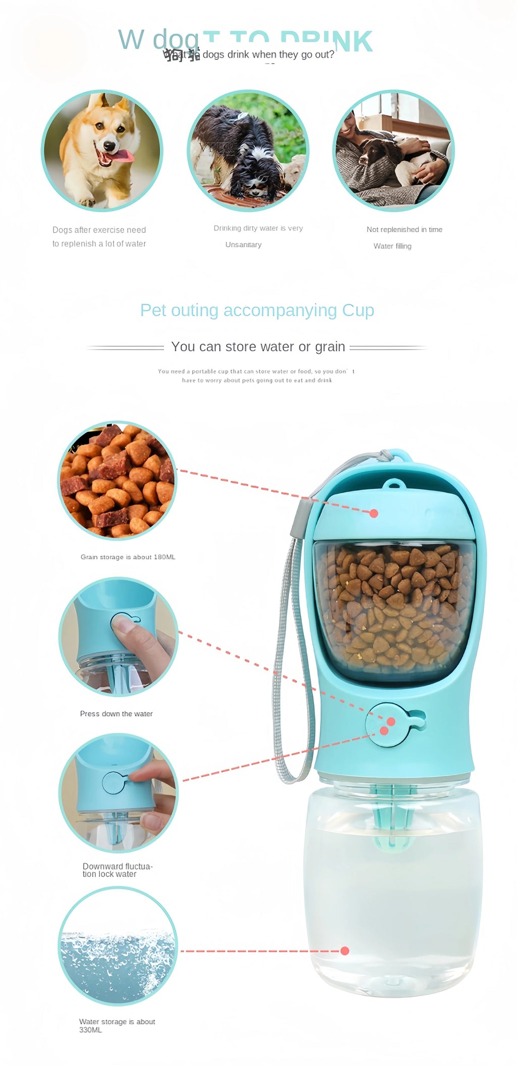 2-in-1 Portable Pet Water Bottle – Food & Water Travel Bottle for Dogs & Cats