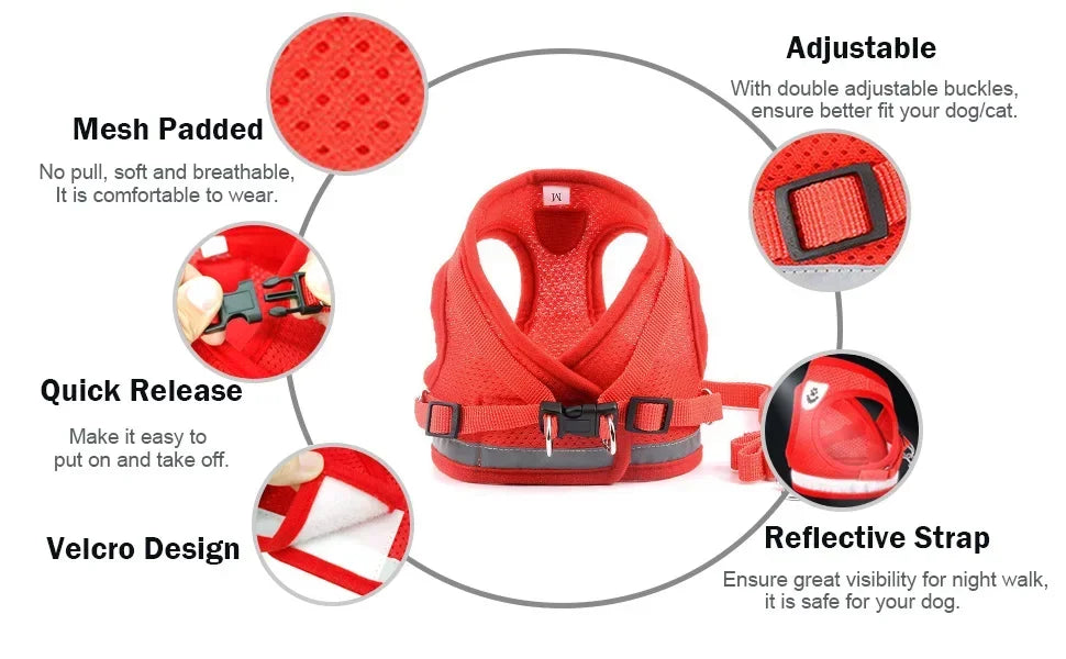 Breathable Reflective Cat & Dog Harness Set – Adjustable Vest with Leash
