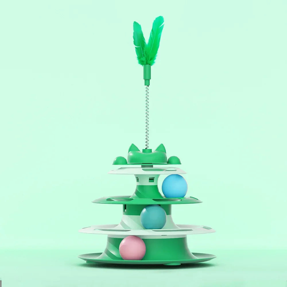 Interactive 3-Tier Cat Toy with Balls & Feather – Cat Tower Track Toy for Indoor Cats, Kitten Exercise & Mental Stimulation