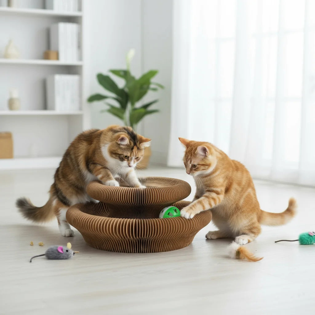 Interactive Foldable Cat Scratcher Toy with Ball – Corrugated Cardboard Scratch Pad for Indoor Cats
