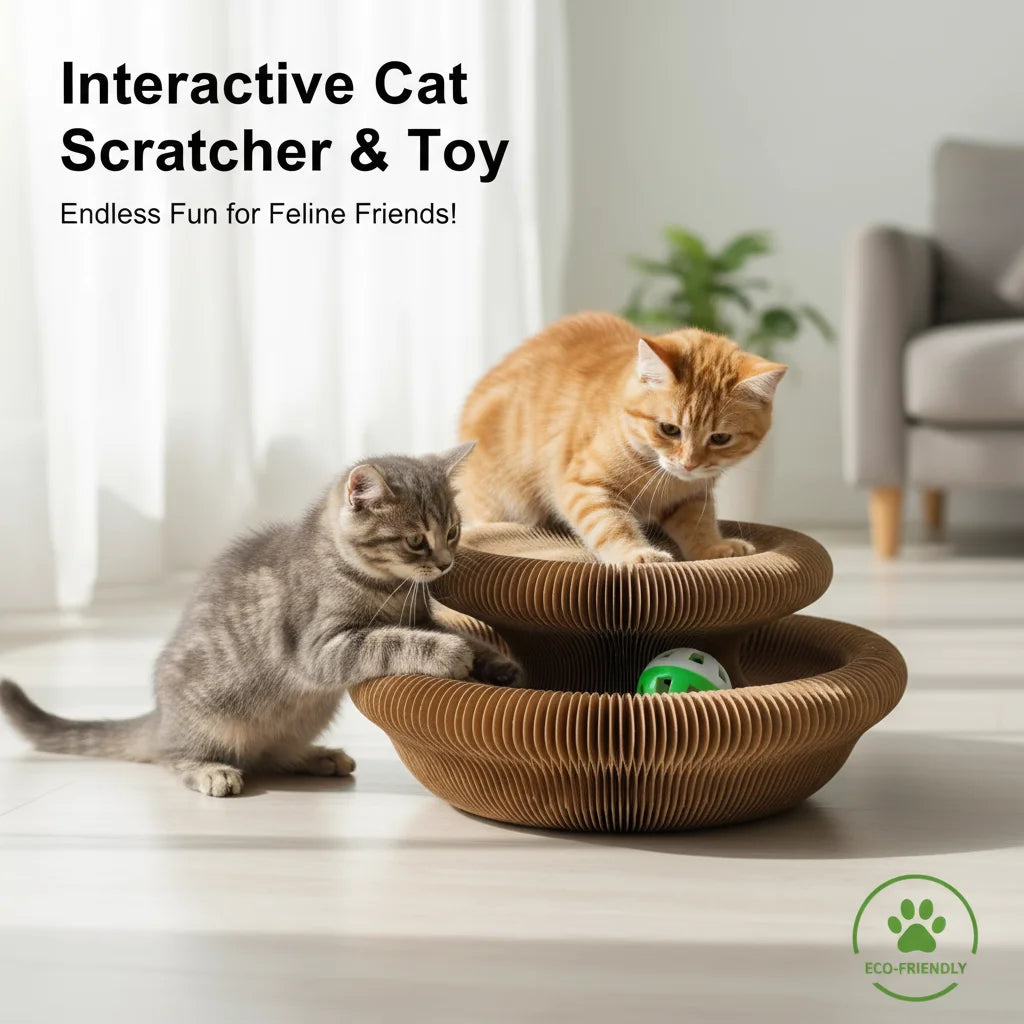 Interactive Foldable Cat Scratcher Toy with Ball – Corrugated Cardboard Scratch Pad for Indoor Cats