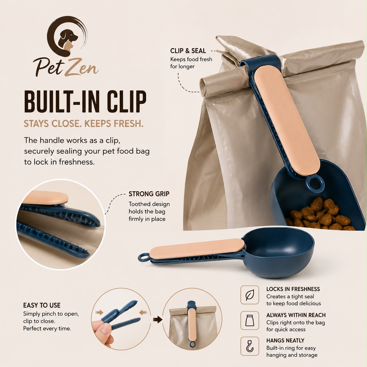 Premium Pet Food Scoop with Clip – Portable Measuring Scoop for Dog & Cat Food