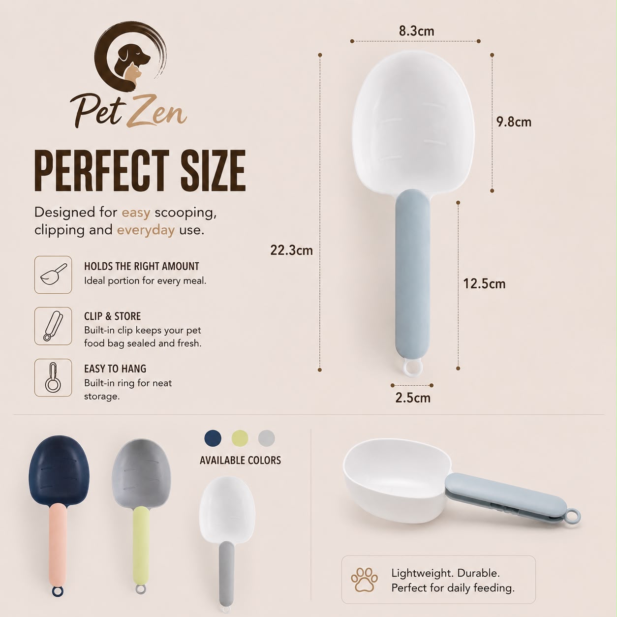 Premium Pet Food Scoop with Clip – Portable Measuring Scoop for Dog & Cat Food
