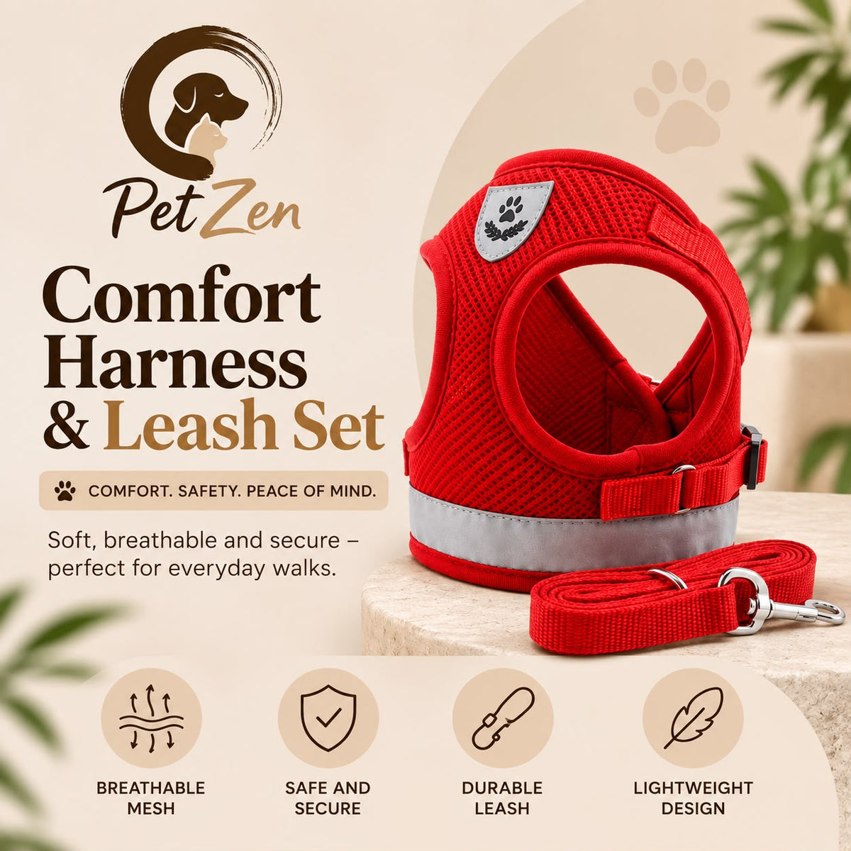 Breathable Reflective Cat & Dog Harness Set – Adjustable Vest with Leash
