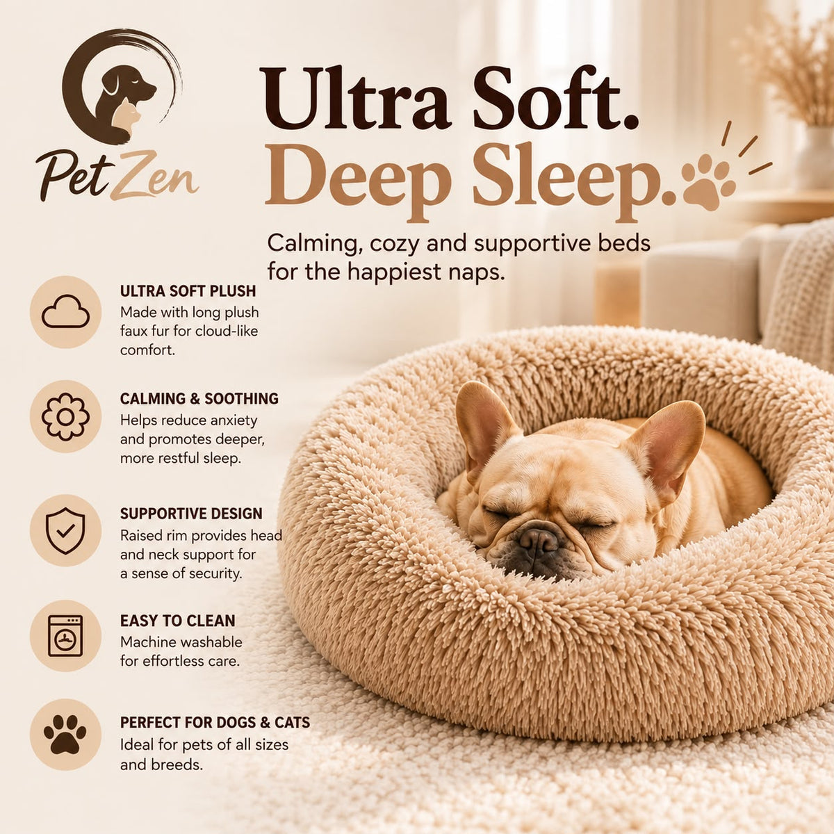 Soft Plush Pet Bed – Round Sleeping Cushion for Cats & Small Dogs