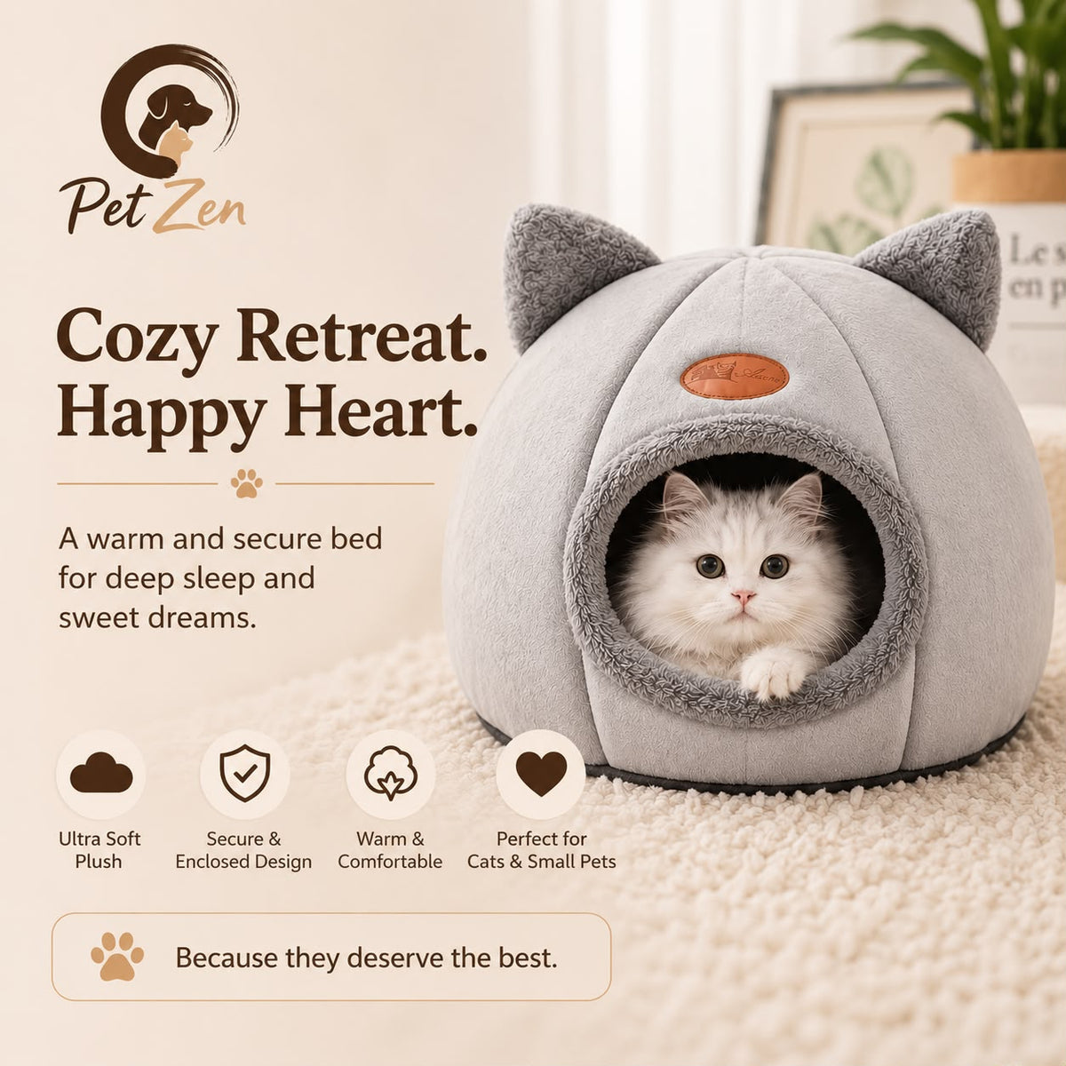 Warm Cat Cave Bed – Plush Indoor Pet House for Cats & Small Dogs
