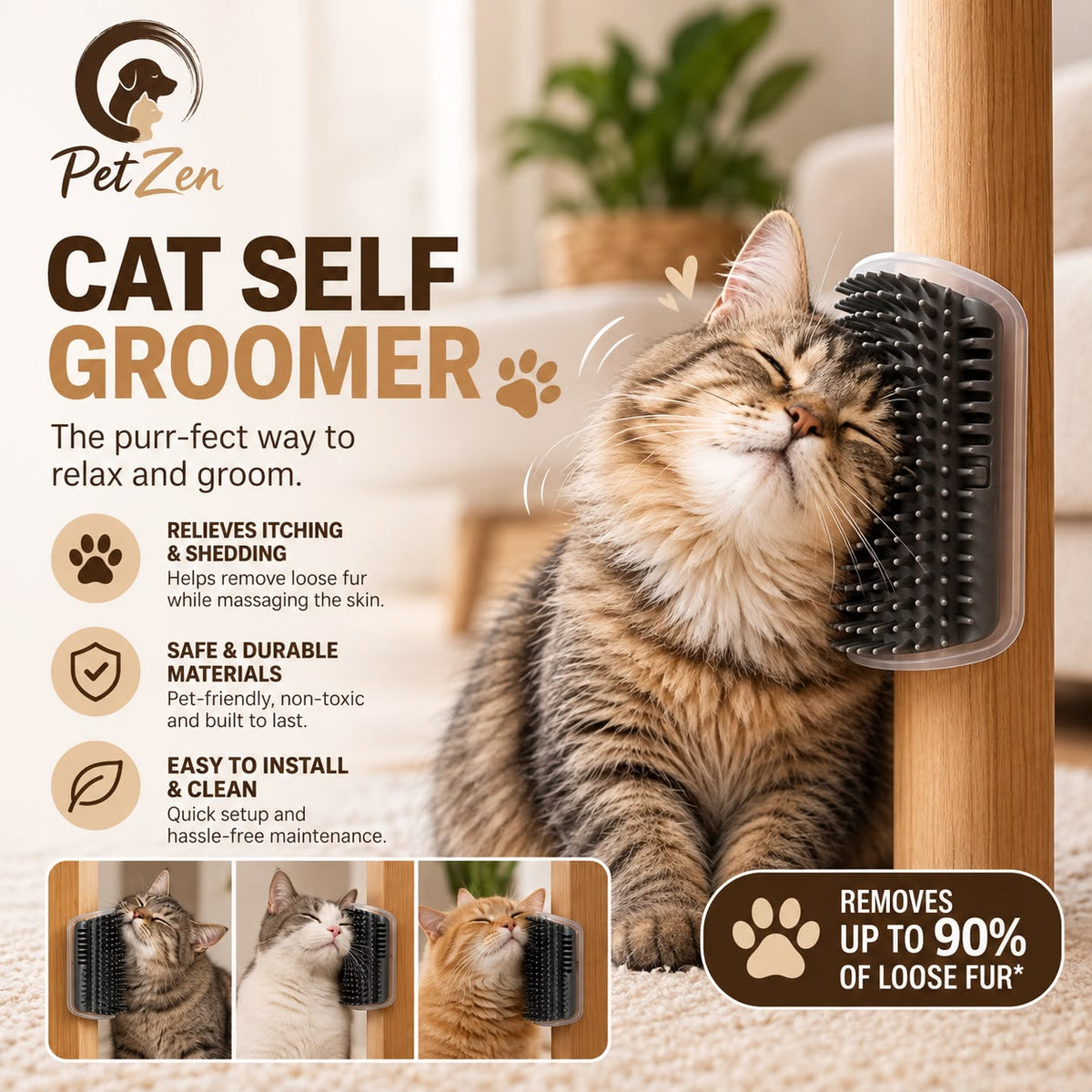 Wall Mounted Cat Self Groomer Brush – Corner Massage & Shedding Comb for Indoor Cats