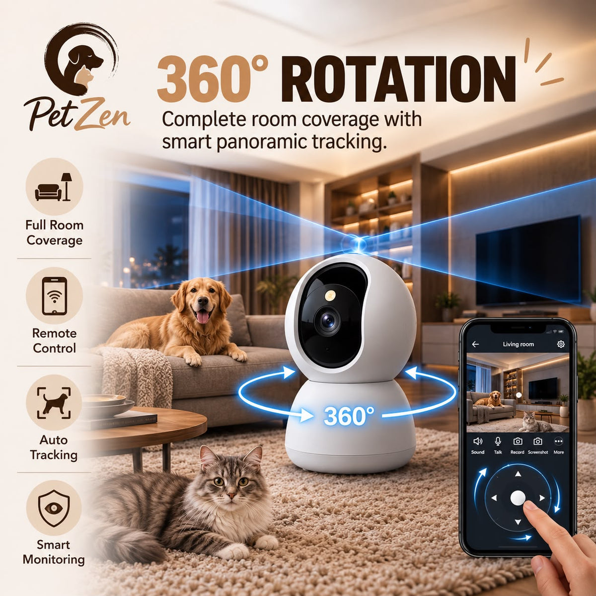 Smart Pet Camera for Dogs & Cats – 3MP WiFi Indoor Camera with 360° Auto Tracking, Night Vision & Two-Way Audio