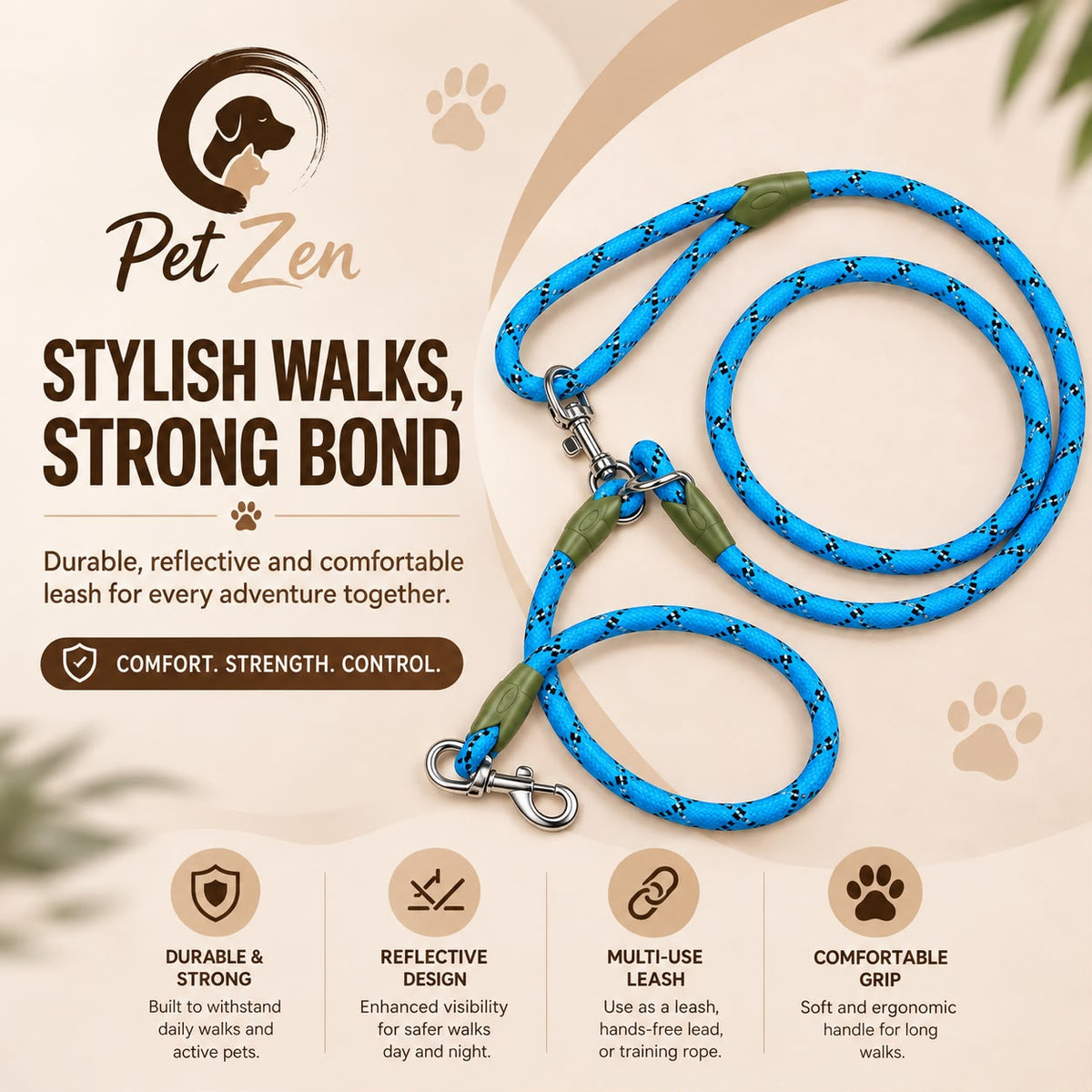 Reflective Dog Leash – Hands-Free Nylon Rope for Walking, Running & Outdoor Adventures