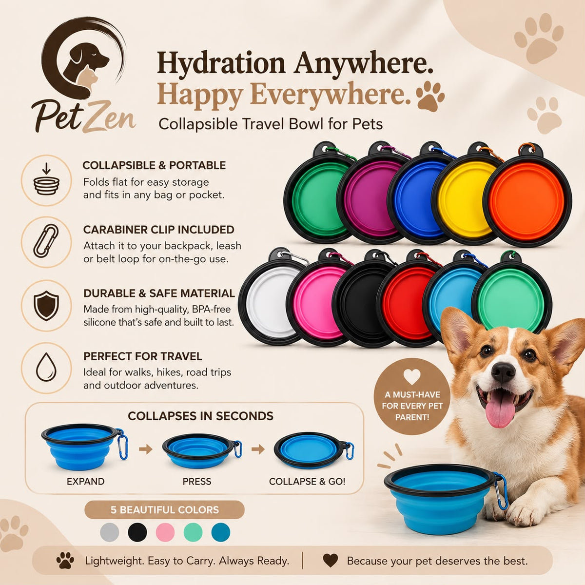 Collapsible Silicone Pet Bowl – Portable Travel Food & Water Bowl for Dogs & Cats