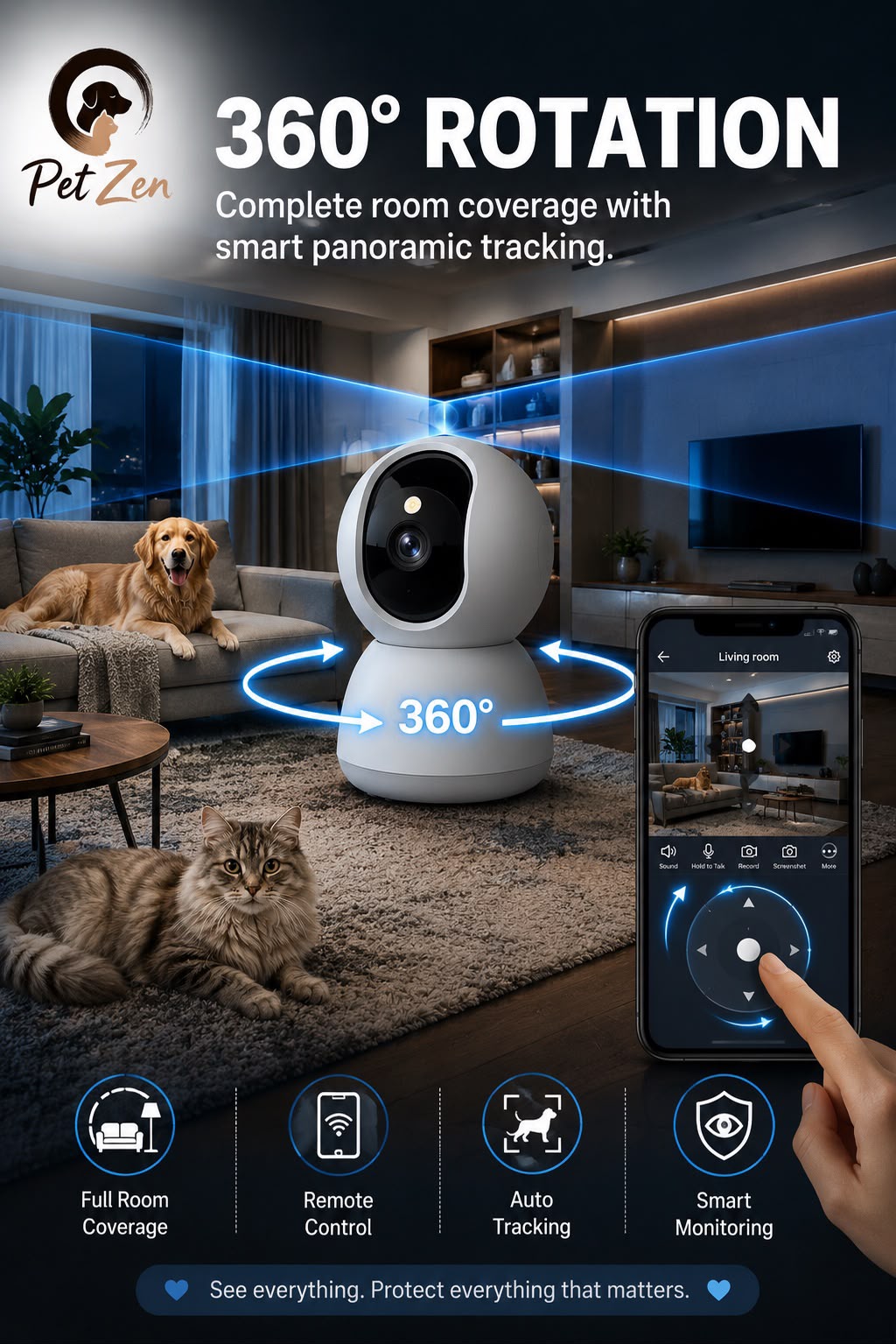 Smart Pet Camera for Dogs & Cats – 3MP WiFi Indoor Camera with 360° Auto Tracking, Night Vision & Two-Way Audio