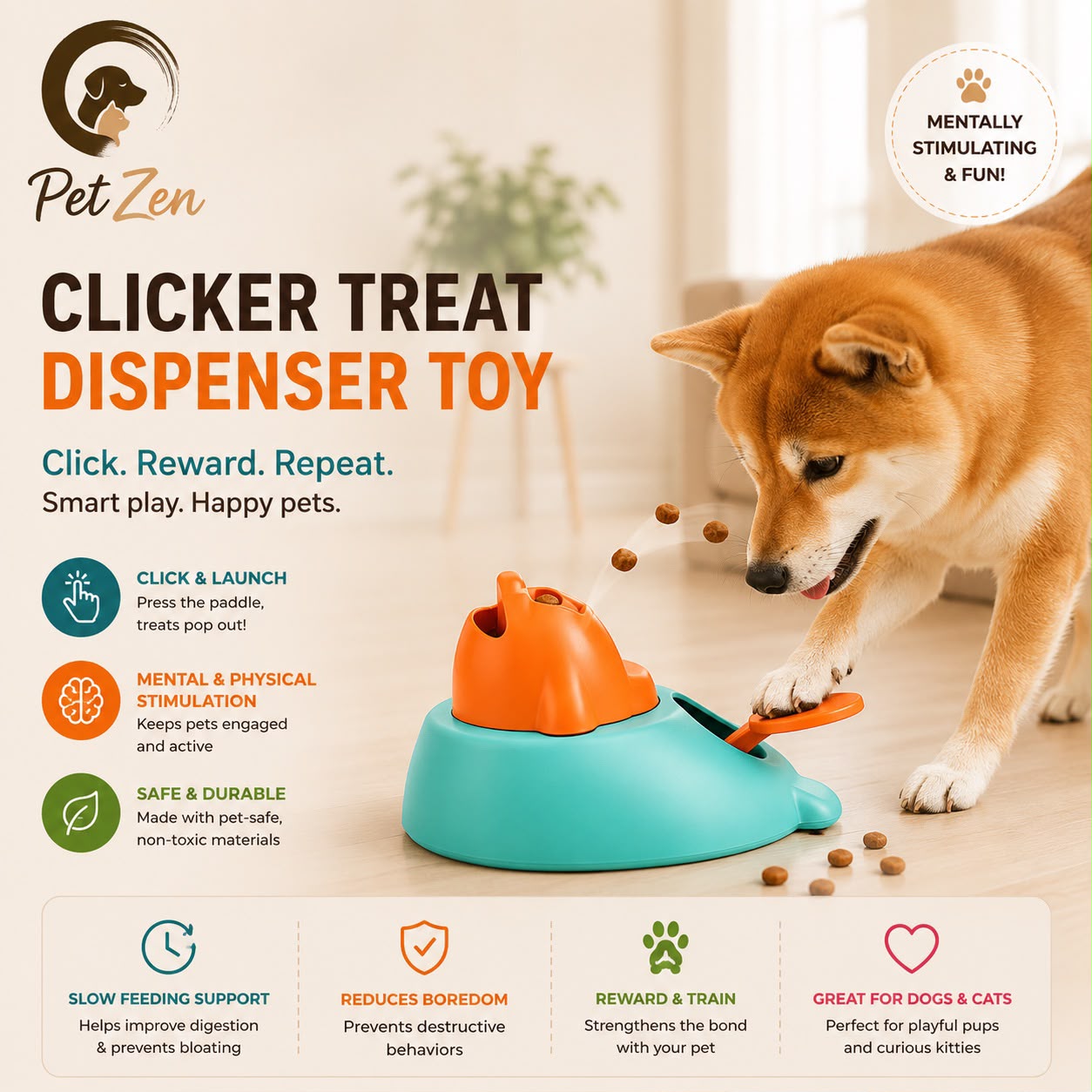 Dog & Cat Interactive Treat Dispenser Toy – Whale Slow Feeder, Paw Press Training & Enrichment Toy