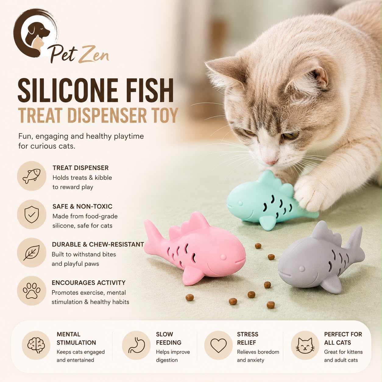 Interactive Silicone Fish Cat Toy – Treat Dispenser for Cats, Food Dispensing Chew & Play Toy