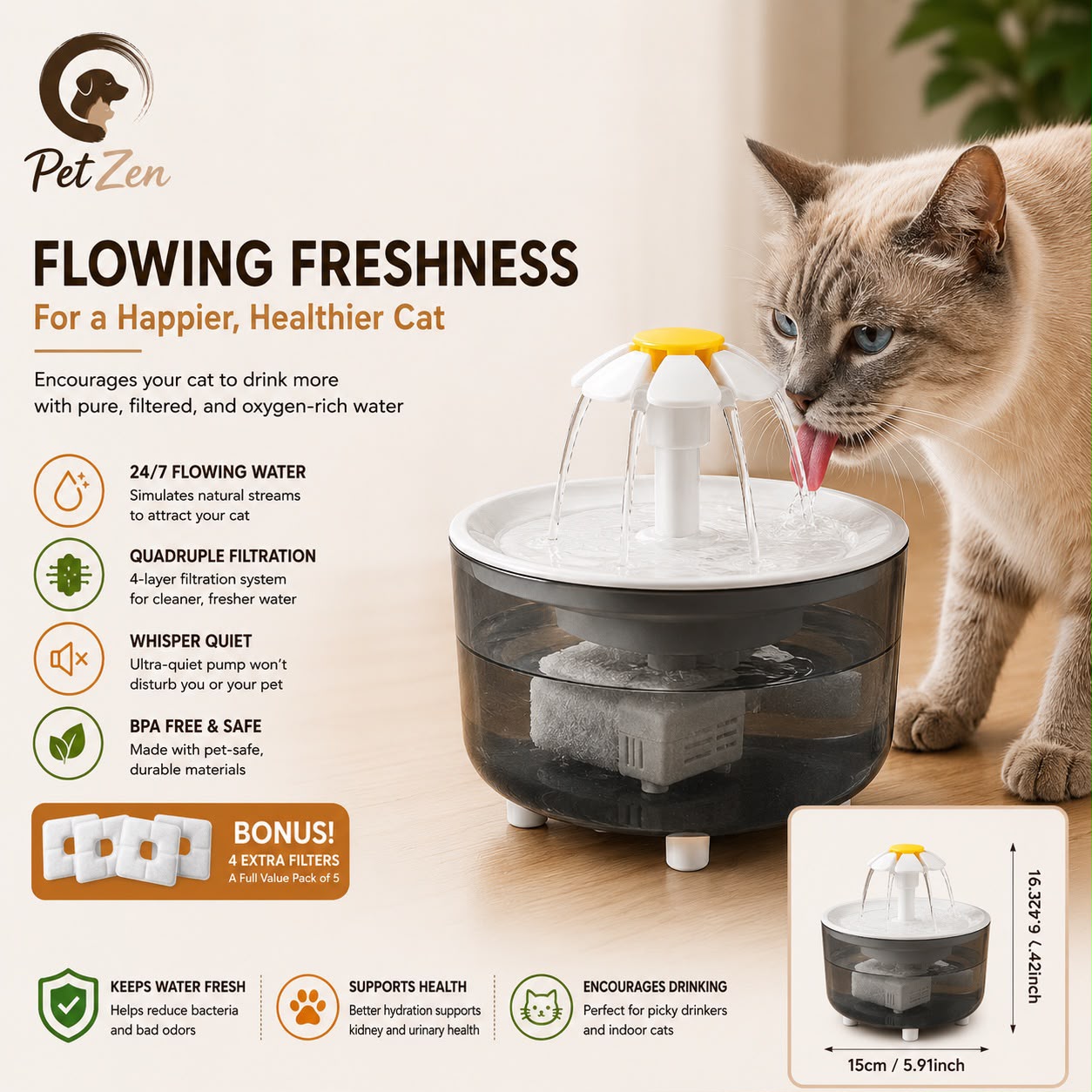 Automatic Cat Water Fountain – 1.8L Ultra-Quiet Filtered Water Dispenser - USB Electric
