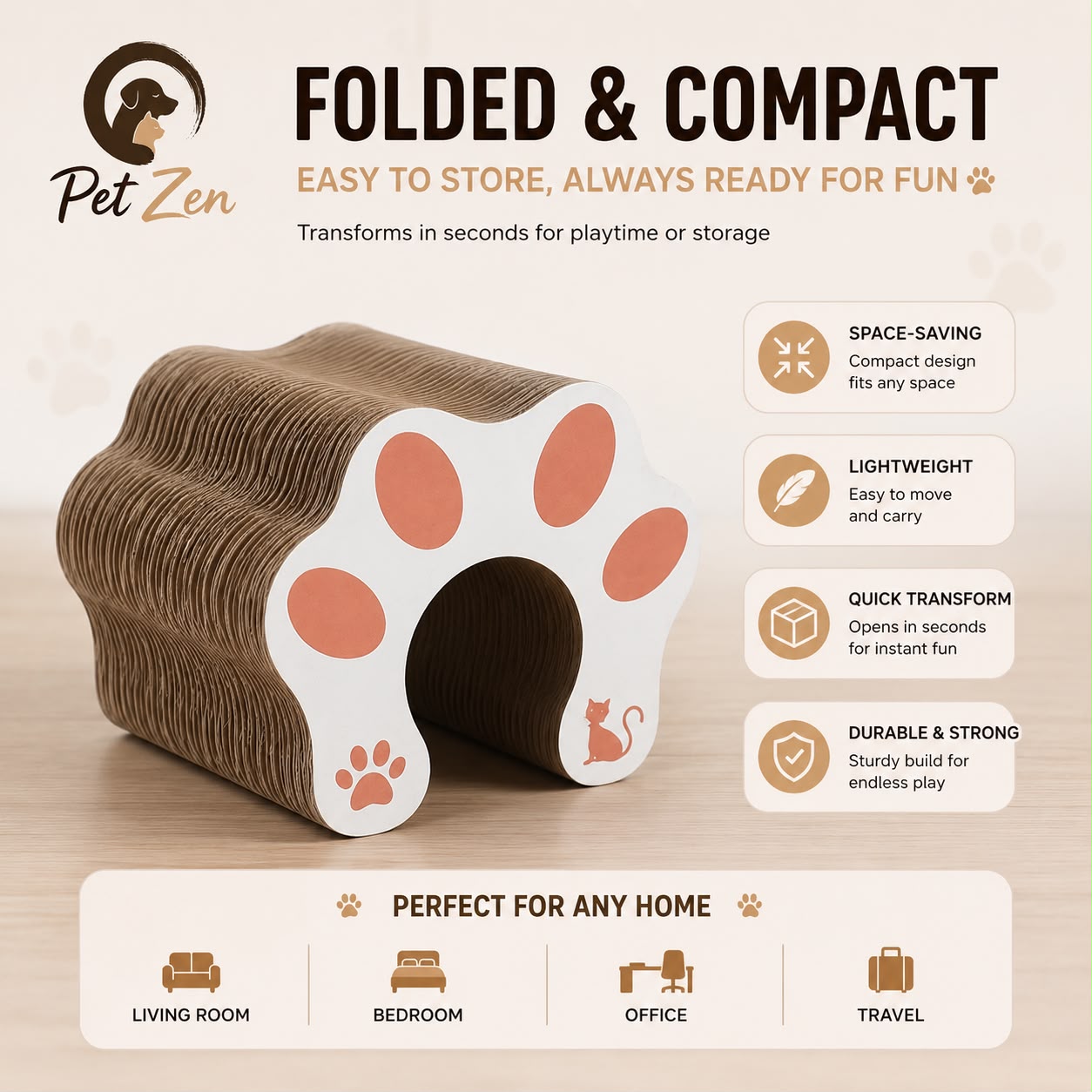 Interactive Foldable Cat Scratcher Toy with Ball – Corrugated Cardboard Scratch Pad for Indoor Cats