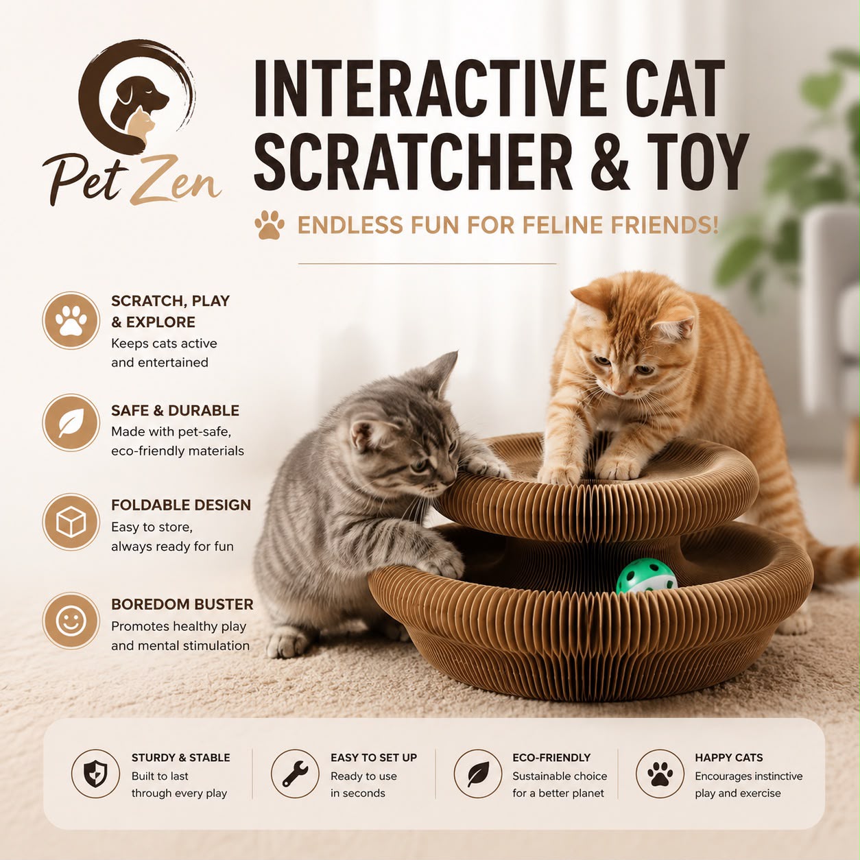 Interactive Foldable Cat Scratcher Toy with Ball – Corrugated Cardboard Scratch Pad for Indoor Cats