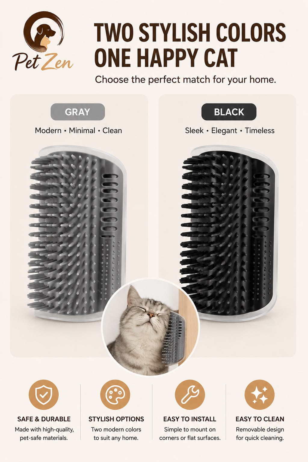 Wall Mounted Cat Self Groomer Brush – Corner Massage & Shedding Comb for Indoor Cats