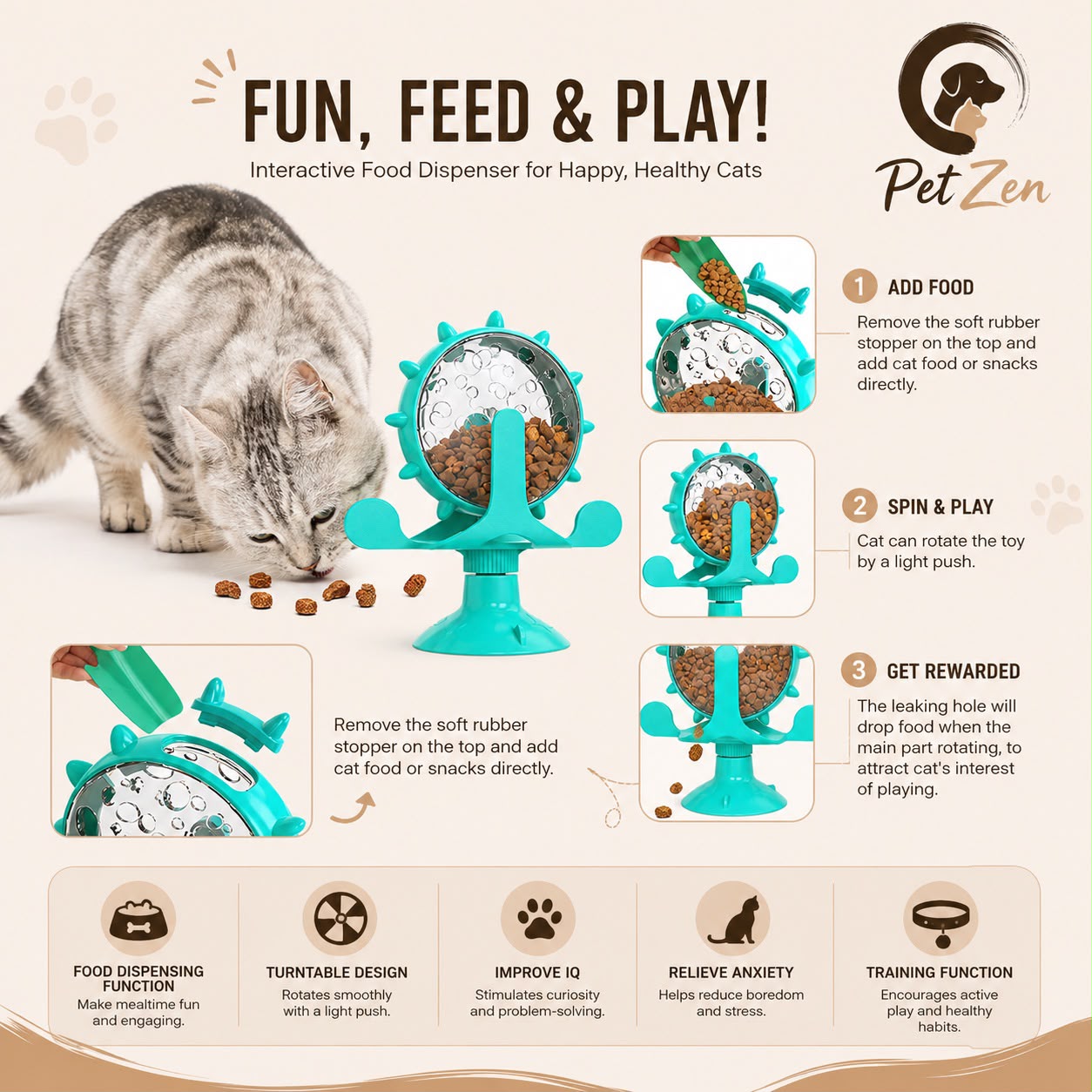 Interactive Cat Treat Dispenser Toy – Suction Cup Spinning Puzzle Feeder