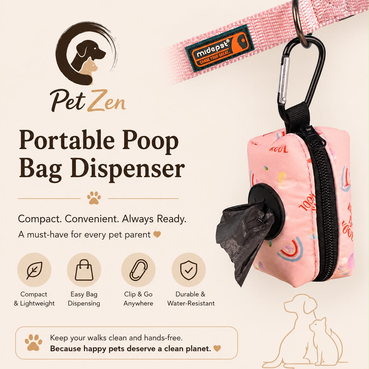 Print Dog Waste Bag Dispenser – Lightweight Leash Attachment